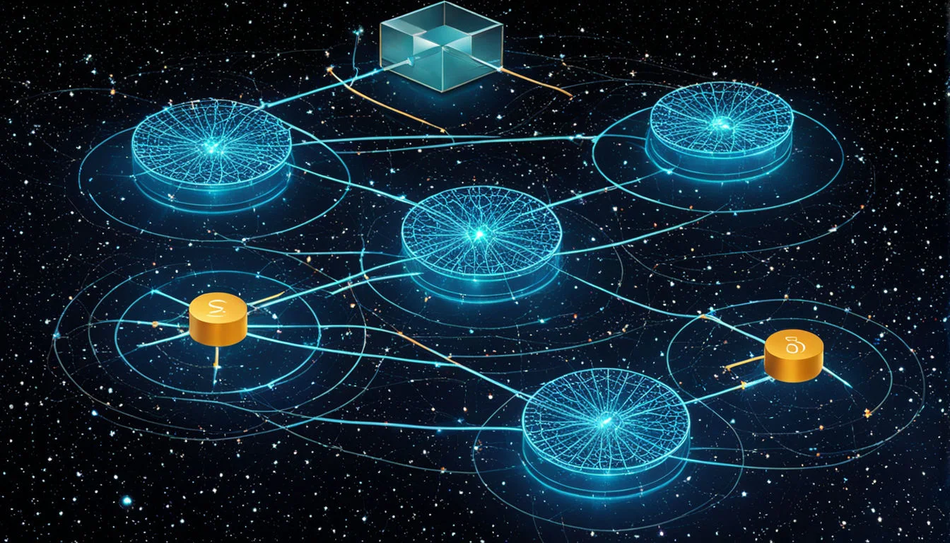 Illustration of qubits in superposition and entanglement, explaining how they function within a quantum computer.