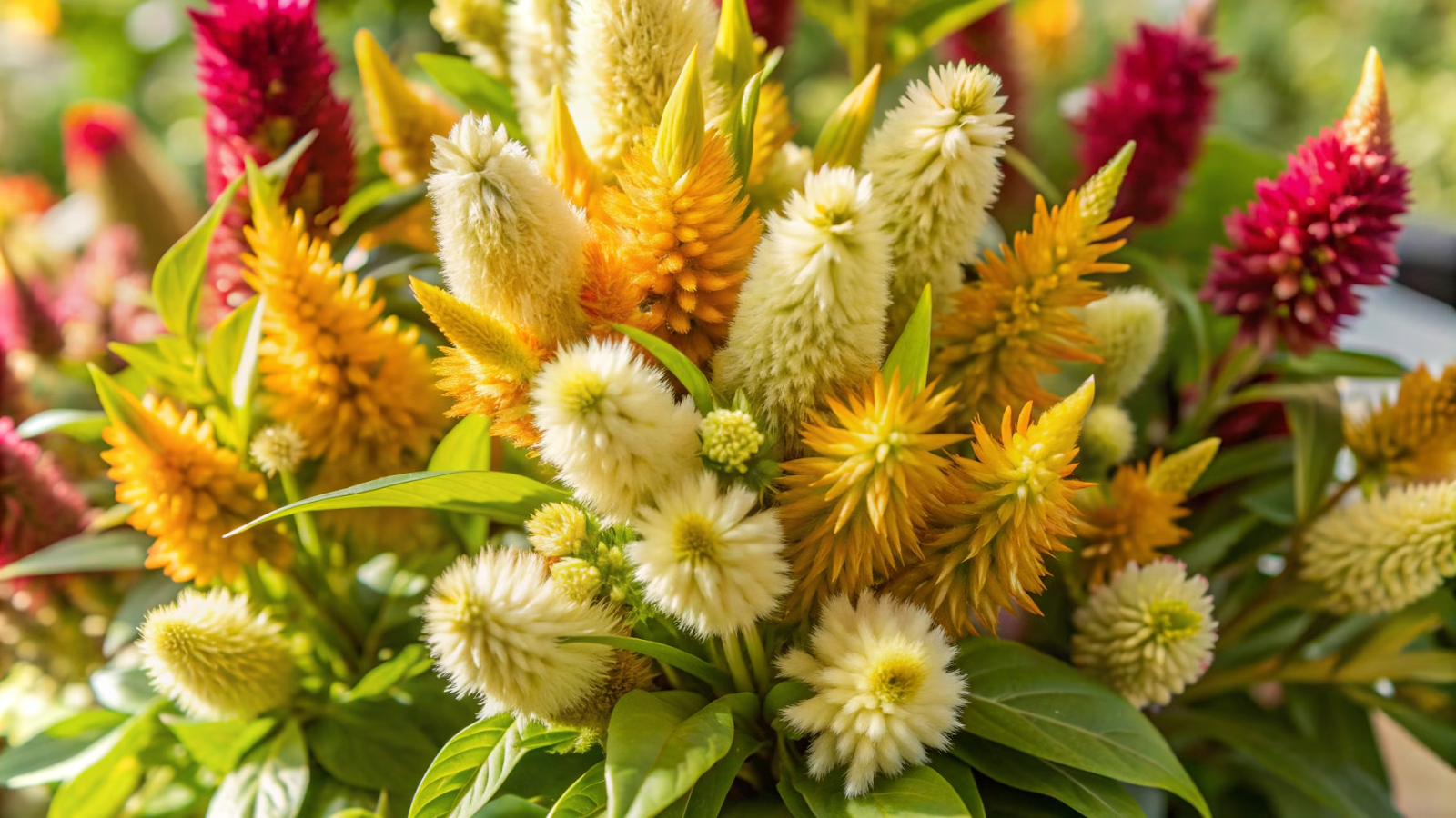 Arranjo floral com flores de Celosia argentea spicata em formato de espigas