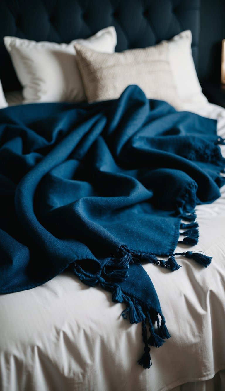 A dark, feminine bedroom with an indigo throw blanket draped over a bed