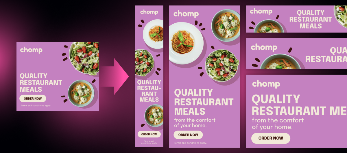 Comparison of a single-format fixed ad versus a flexible modular toolkit with layout variations.