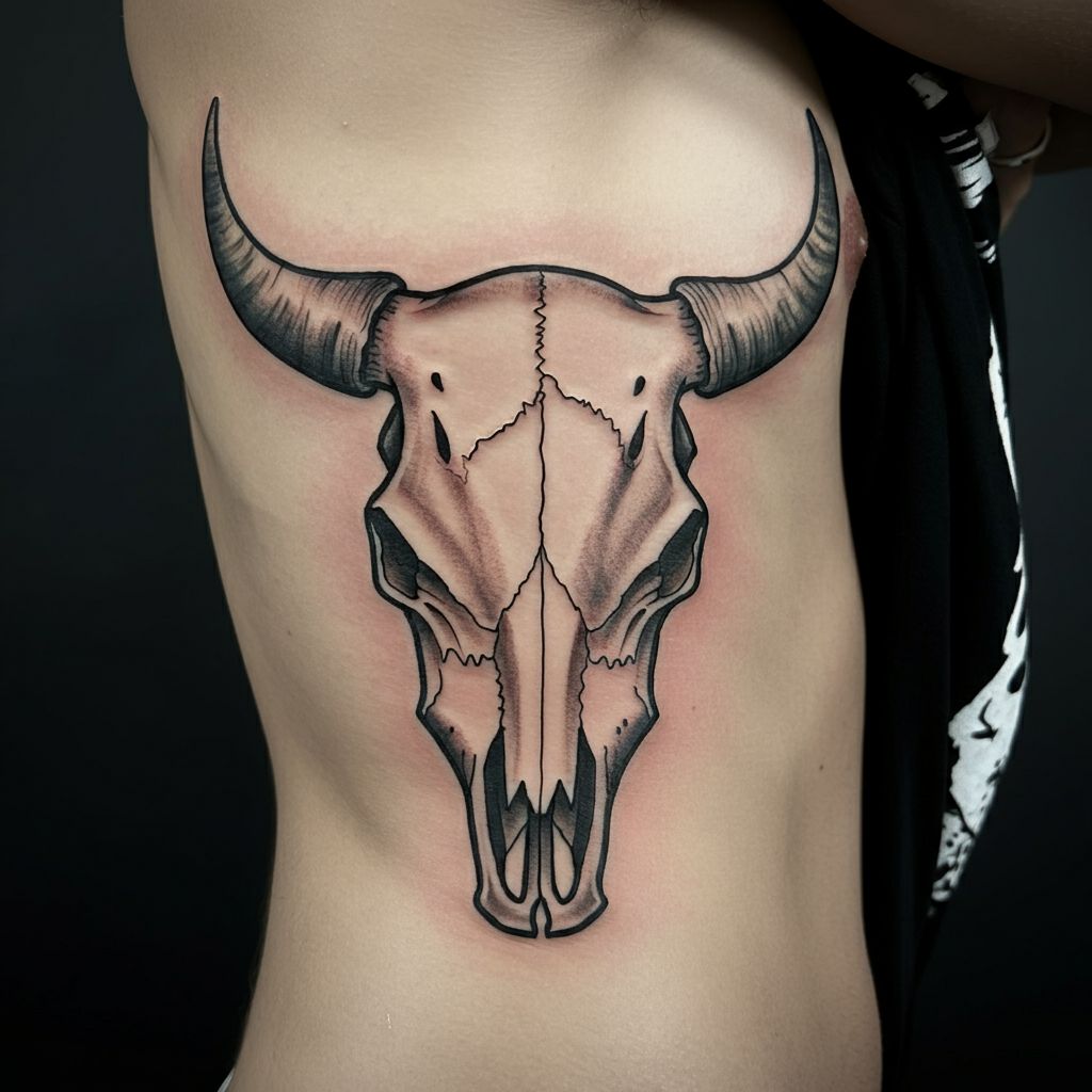 Cow Skull Tattoo on ribcage 