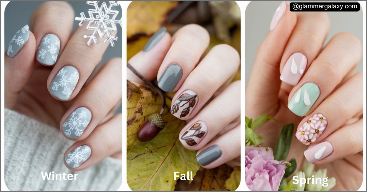 Three images of hands with seasonally themed nail art; winter snowflakes, fall leaves, spring florals.