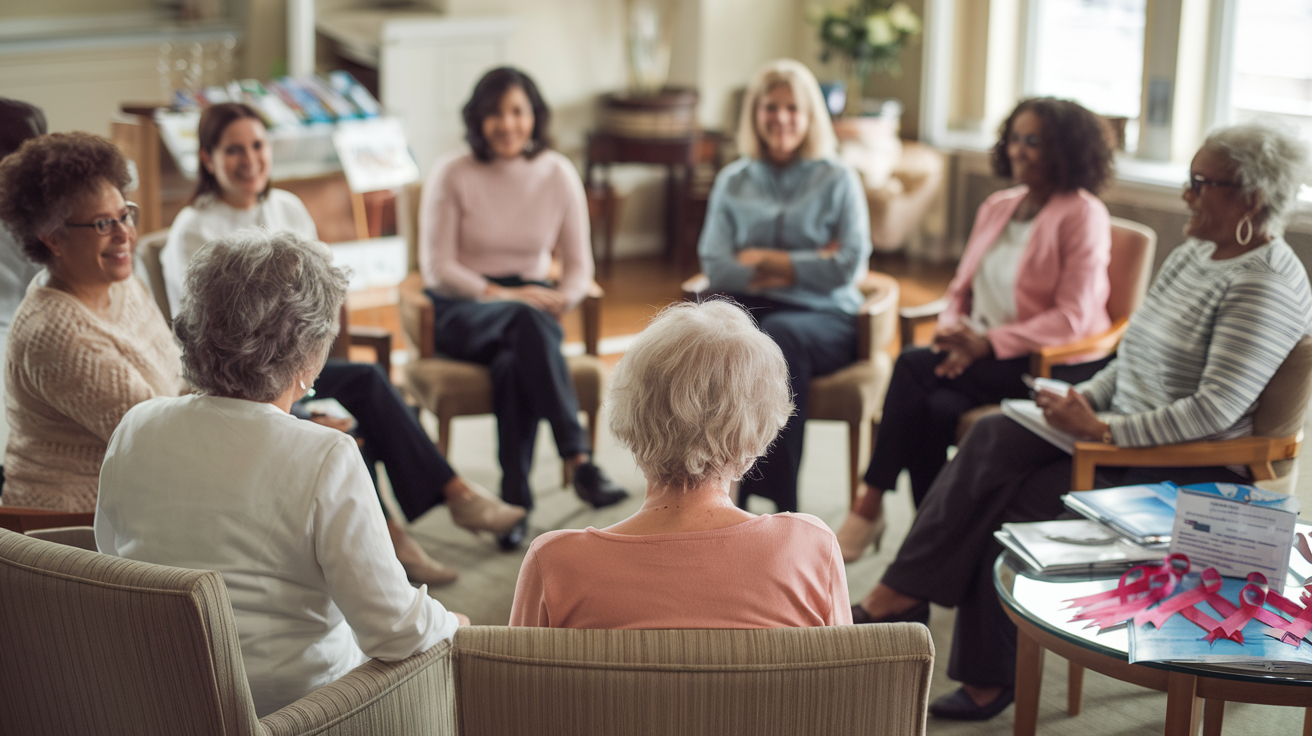 Create a realistic image of a support group meeting for ovarian cancer patients and survivors, showing a diverse group of women of various ages and races seated in a circle in a comfortable community center room, with informational brochures and ribbons visible on a nearby table, and a warm, supportive atmosphere conveyed through soft lighting and gentle expressions.