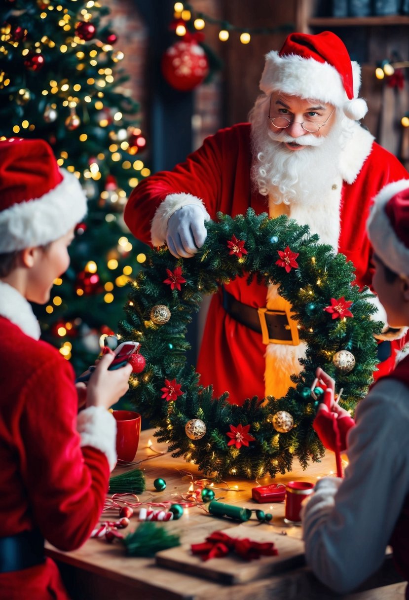 A cozy workshop with elves crafting a festive Christmas wreath surrounded by twinkling lights and a jolly Santa overseeing the joyful holiday scene