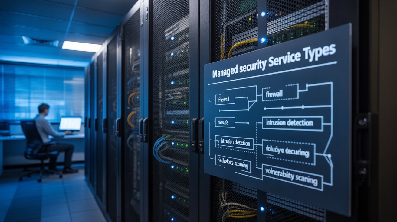 The informative signage in this image outlines the various "Managed Security Service Types" that an MSSP provides, demonstrating their ability to protect critical infrastructure through diverse security measures.