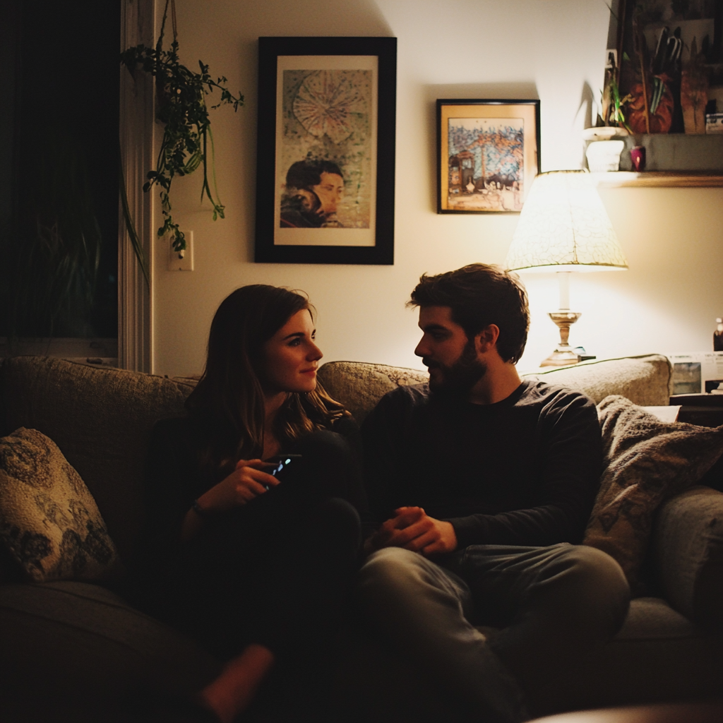 A couple sitting on a couch | Source: Midjourney