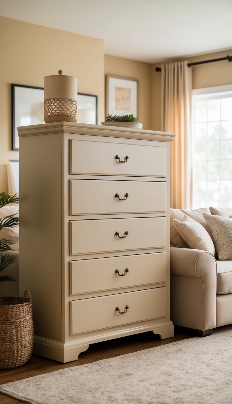 A beige triple-drawer dresser sits in a cozy living room with warm beige decor and accents