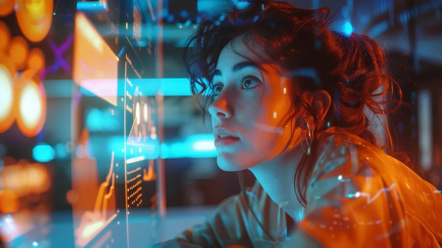 a focused digital marketer analyzes broken links on a computer screen, surrounded by vibrant graphs and data visualizations, set in a sleek, modern office space.