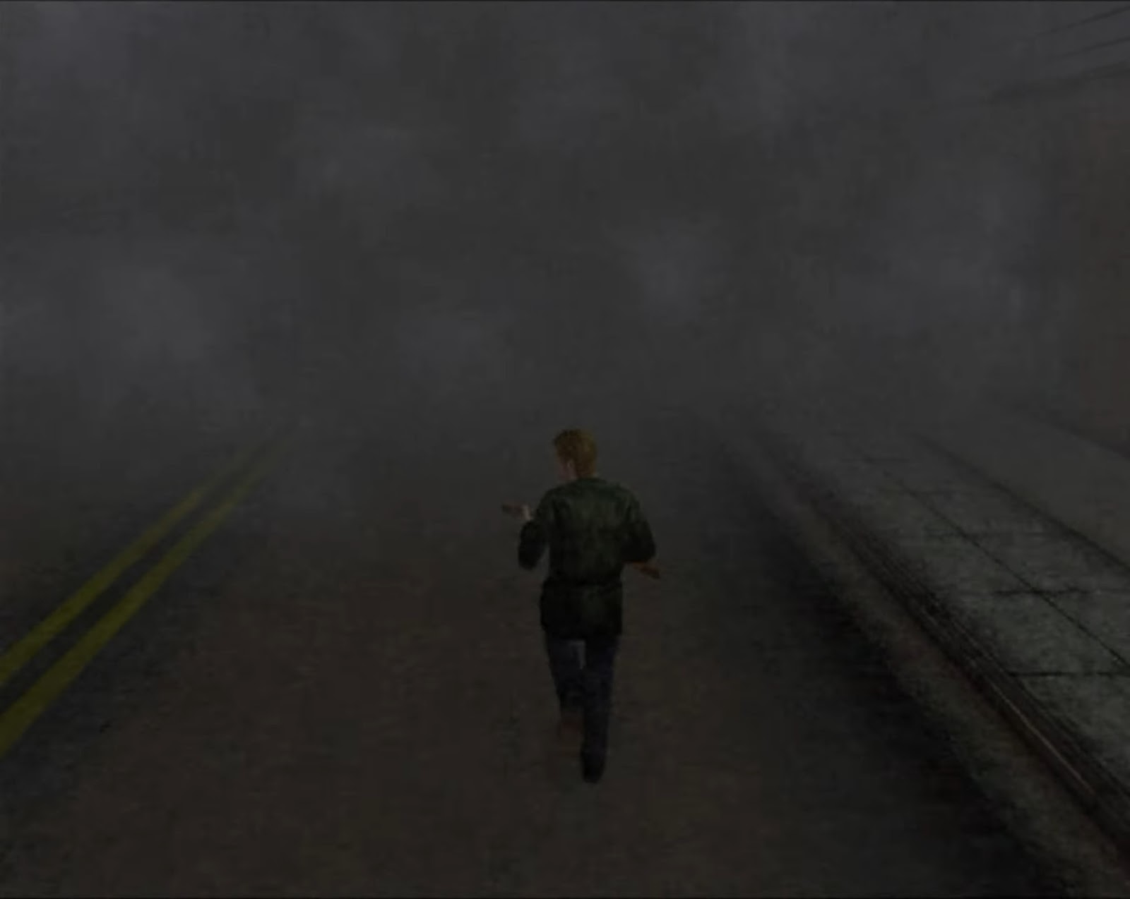 A man runs through a foggy street. 