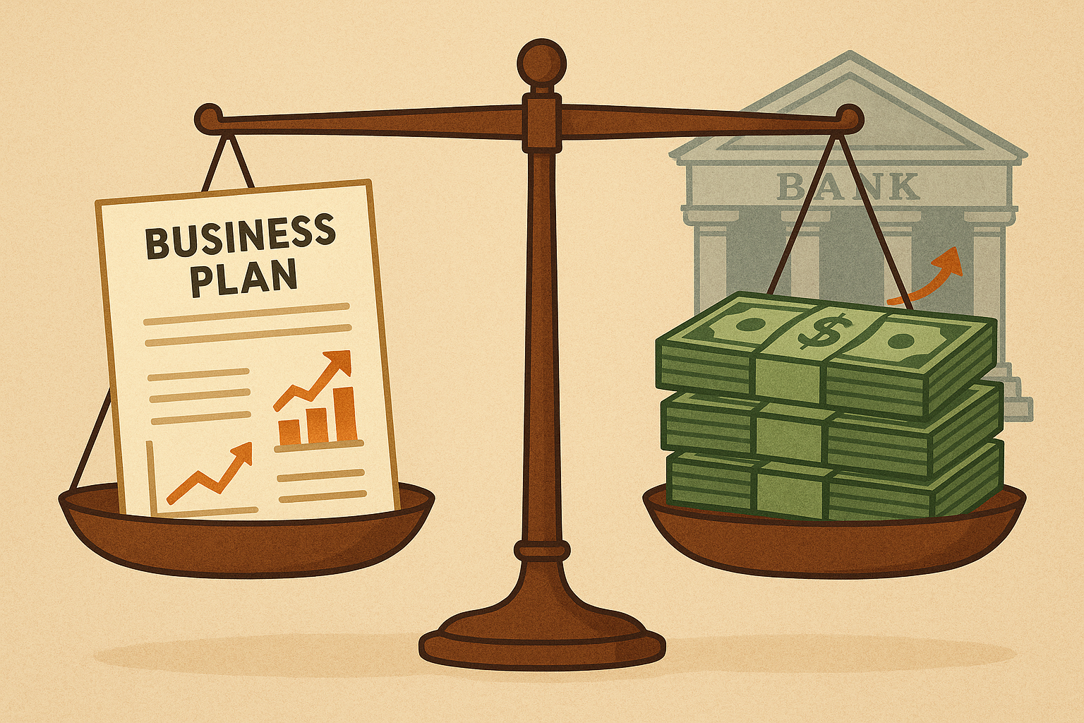  A balanced scale weighing a business plan with financial charts against a stack of dollar bills and a bank building, illustrating financial responsibility and business investment decisions.