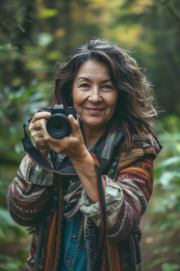 Portrait of a woman taking wildlife photo with a camera