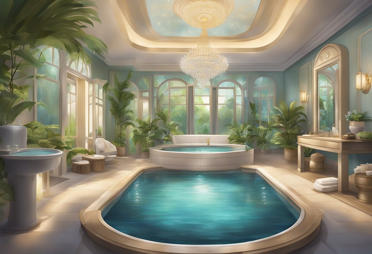 A serene spa setting with elegant decor, soft lighting, and luxurious treatment rooms, surrounded by lush greenery and soothing water features in Hackensack