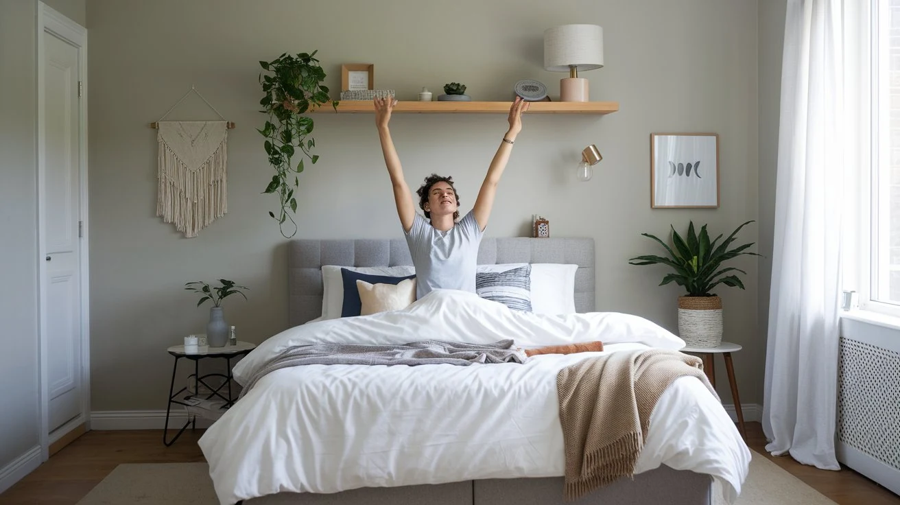  A person waking up feeling refreshed in a well-organized, comfortable bedroom environment.