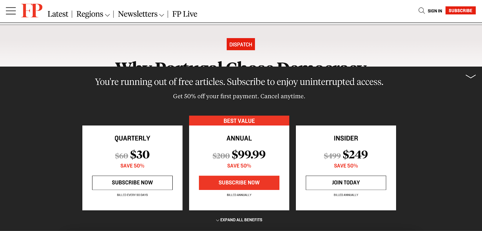 Foreign Policy subscription offers on the paywall