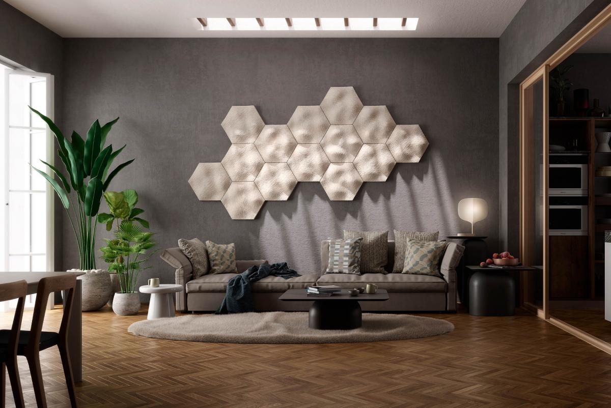 Mog mycelium panels displayed on living room wall