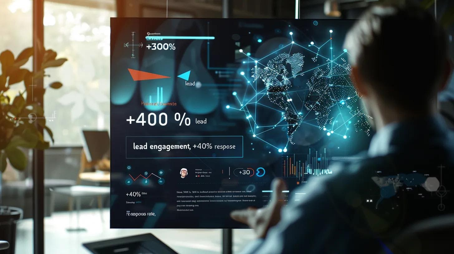 A case study slide with a success metric: “+300% lead engagement,” “+40% response rate,” etc. Side-by-side screenshots show the before (manual outreach) and after (AI-driven flows) outreach performance.