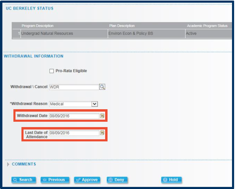 Withdrawal Date and Last Date of Attendance field emphasized with red box highlight.