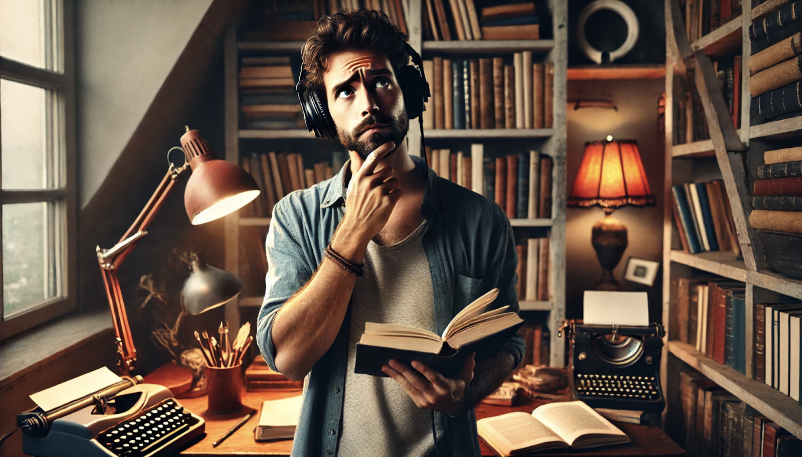 Man with headphones holding a book in a cozy library.