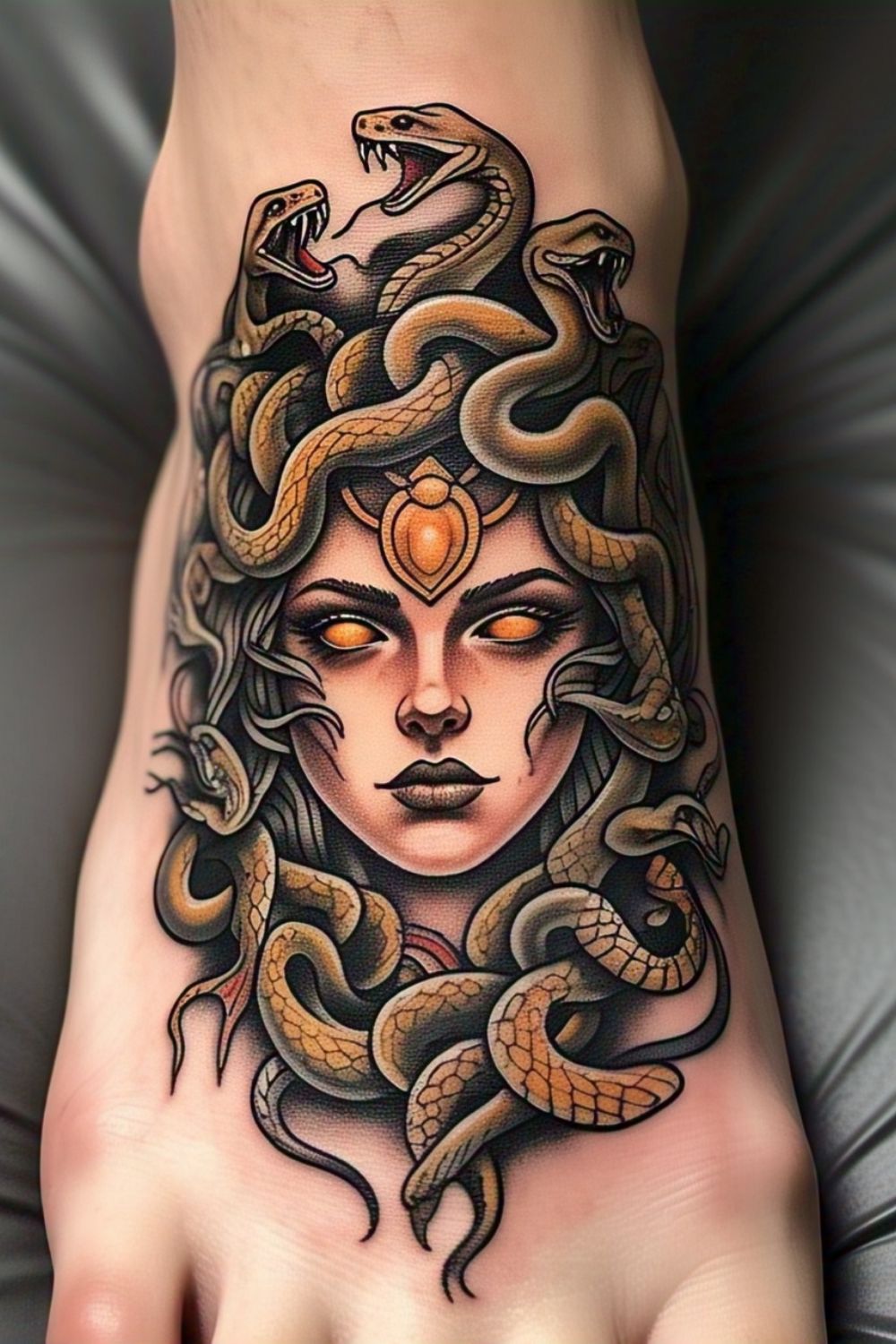 Golden Medusa Foot Tattoo