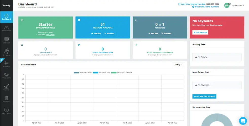 Textedly dashboard as one of the best mass texting service for churches
