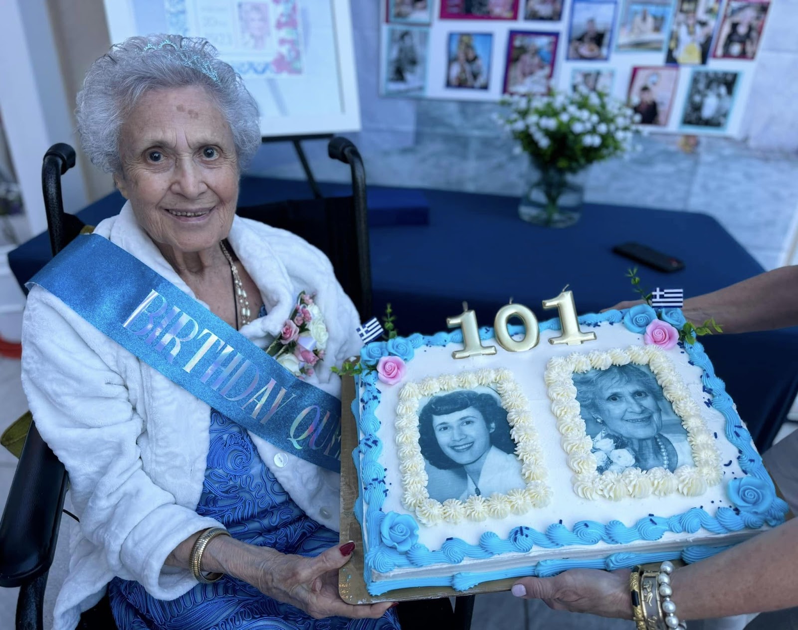 A woman smiling with a birthday cake in front of her showing her at age 101 and earlier