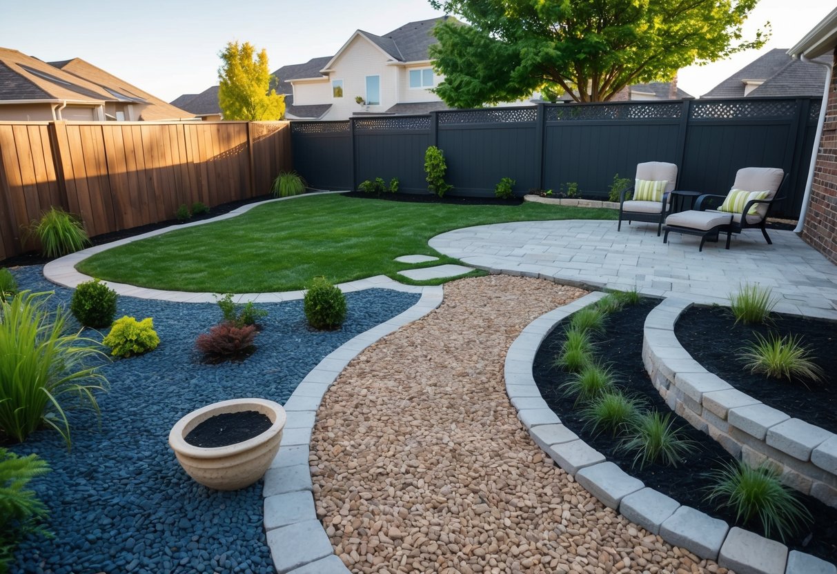 A backyard with a variety of low-cost hardscape landscaping features, such as gravel pathways, stone edging, and a small patio area with pavers