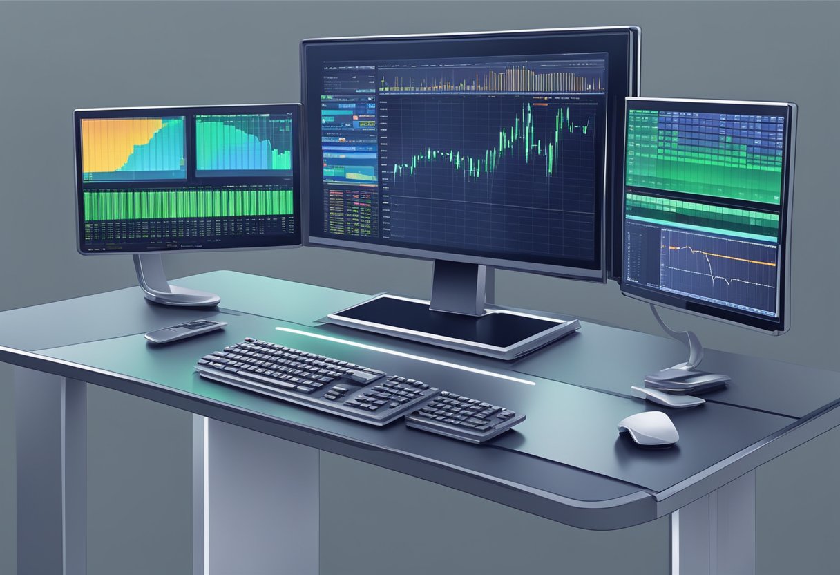 A sleek, futuristic computer terminal displays real-time stock data, with AI algorithms processing information and executing trades at lightning speed