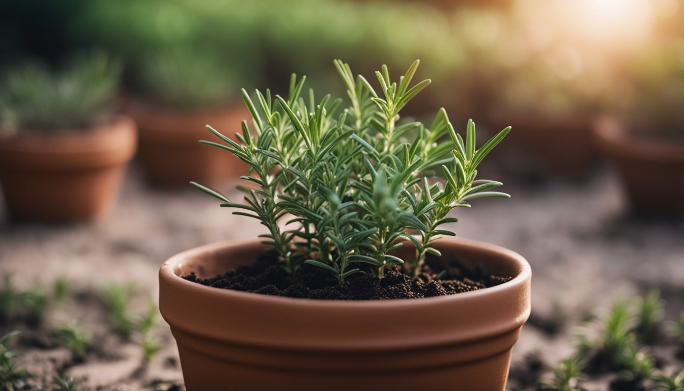 Delicate rosemary seedlings in soft morning light, vibrant green leaves against dark soil in a terracotta pot