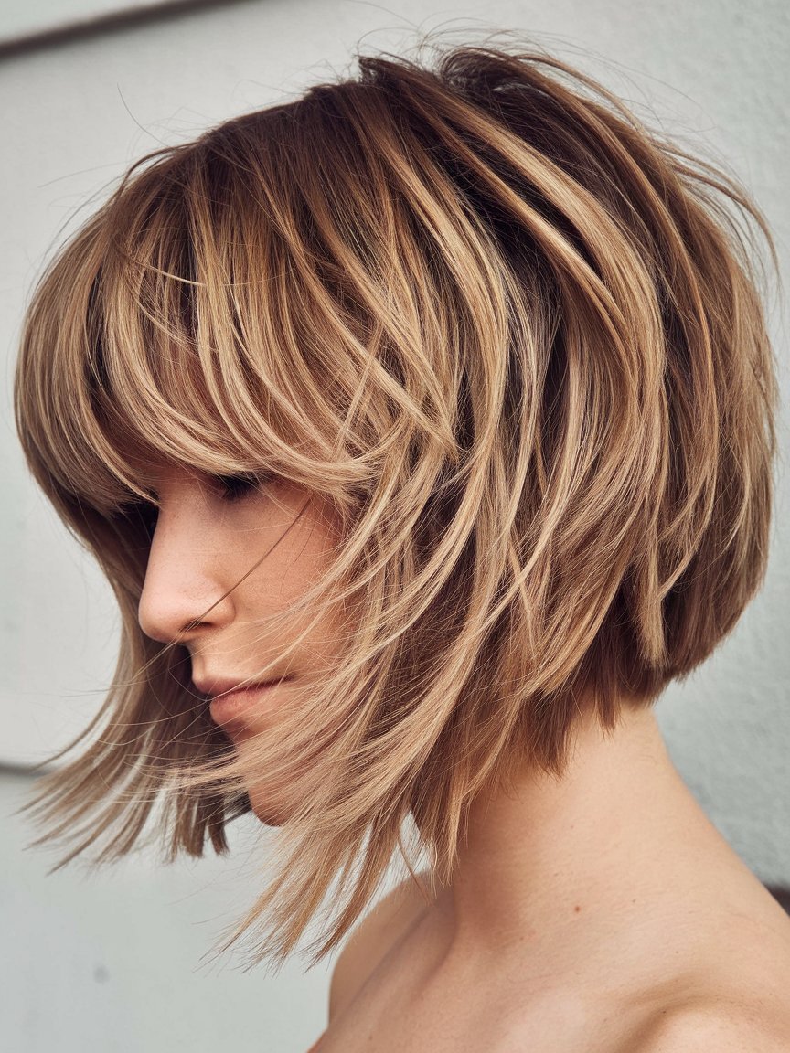 10. Short Layered Bob with Bangs