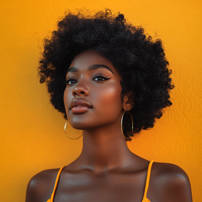 Black woman with short curly black hair smiling in front of a bright orange background. Luscious Locks: How Body Oil Can Transform Your Hair Care Routine