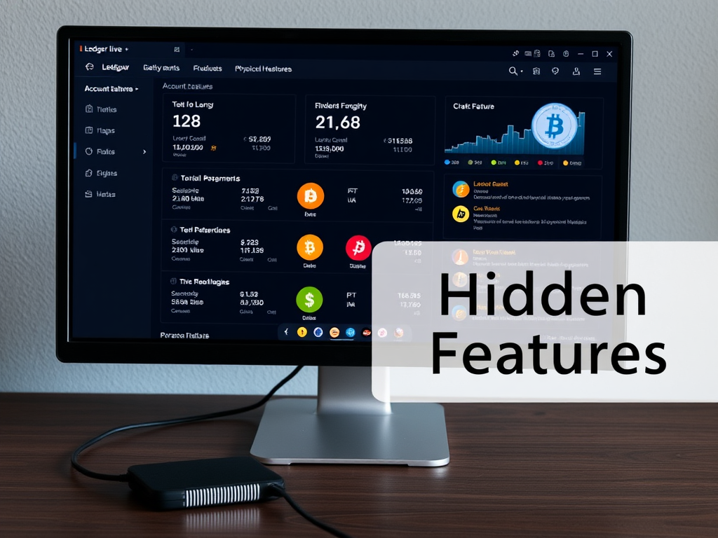 Create a realistic image of a sleek desktop computer screen displaying the Ledger Live interface with multiple cryptocurrency account balances, charts, and hidden feature icons. A physical Ledger hardware wallet is connected to the computer via USB. The screen showcases a dark mode theme with vibrant crypto logos and a prominent "Hidden Features" text overlay.