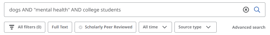 MultiSearch search bar showing the filter options: all filters, full text, scholarly peer reviewed, all time, and source type.