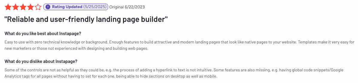 Screenshot of a user review for Instapage landing page builder