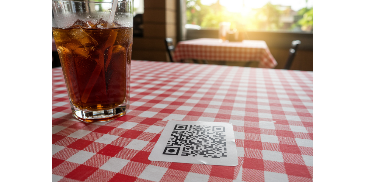 A QR Code sticker on a restaurant table.