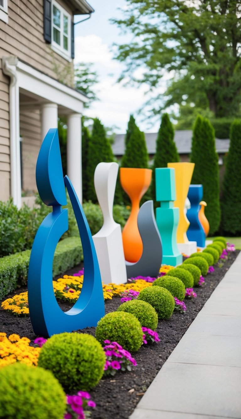 A row of abstract outdoor sculptures arranged in a landscaped garden next to a house, surrounded by colorful flowers and neatly trimmed shrubs