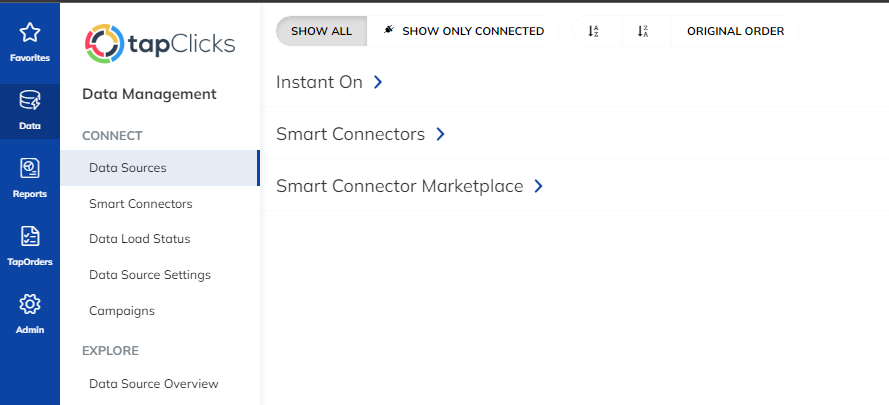TapClicks dashboard showing Smart Connectors and data sources for seamless reporting automation and integration with multiple platforms to simplify reporting processes.