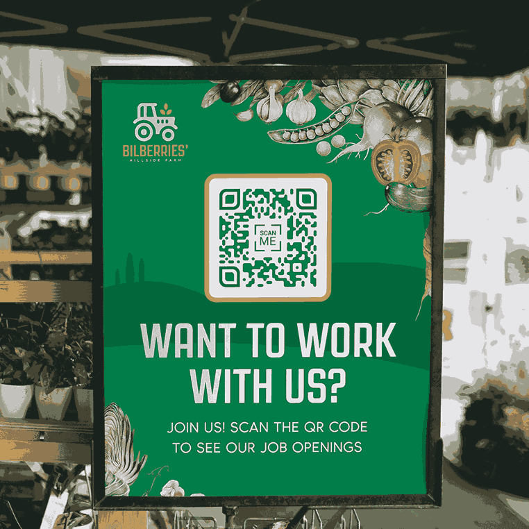  Bilberry Hillside Farm green job advertisement poster with a truck logo and QR Code. 