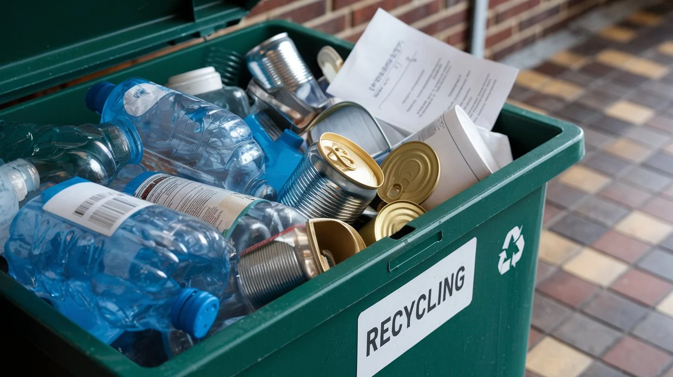 A recycling bin filled with sorted materials like plastic bottles, cans, and paper.