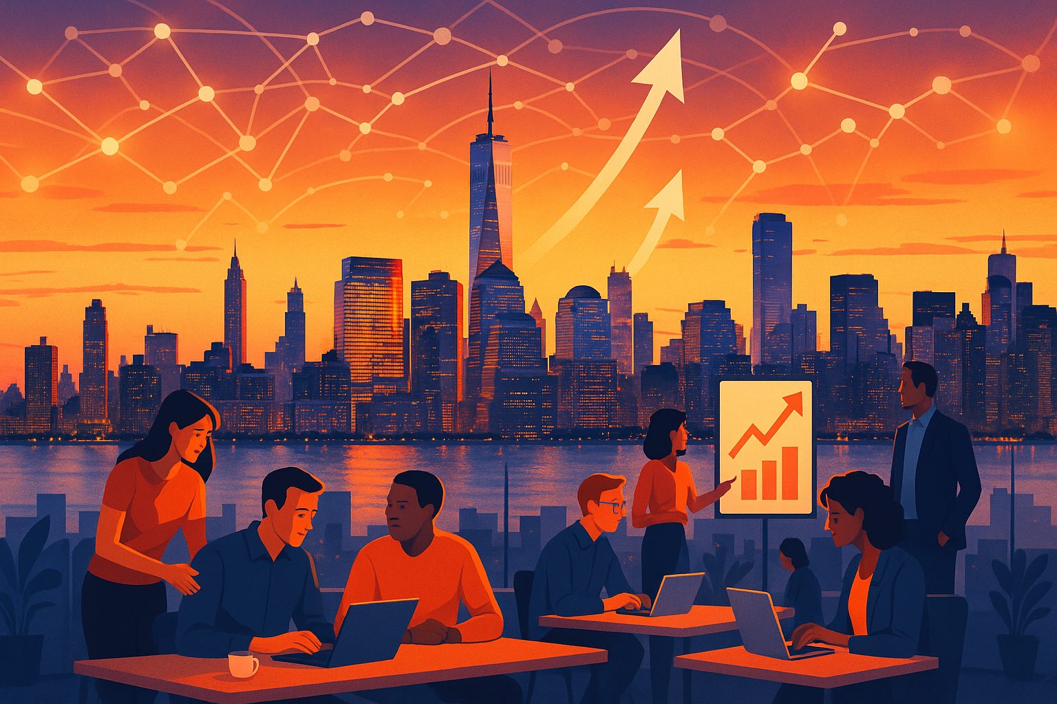  A vibrant sunset skyline of a major US city with glowing startup icons, interconnected funding nodes, and collaborative professionals in modern offices, symbolizing the dynamic US startup ecosystem Funding Options for Startups