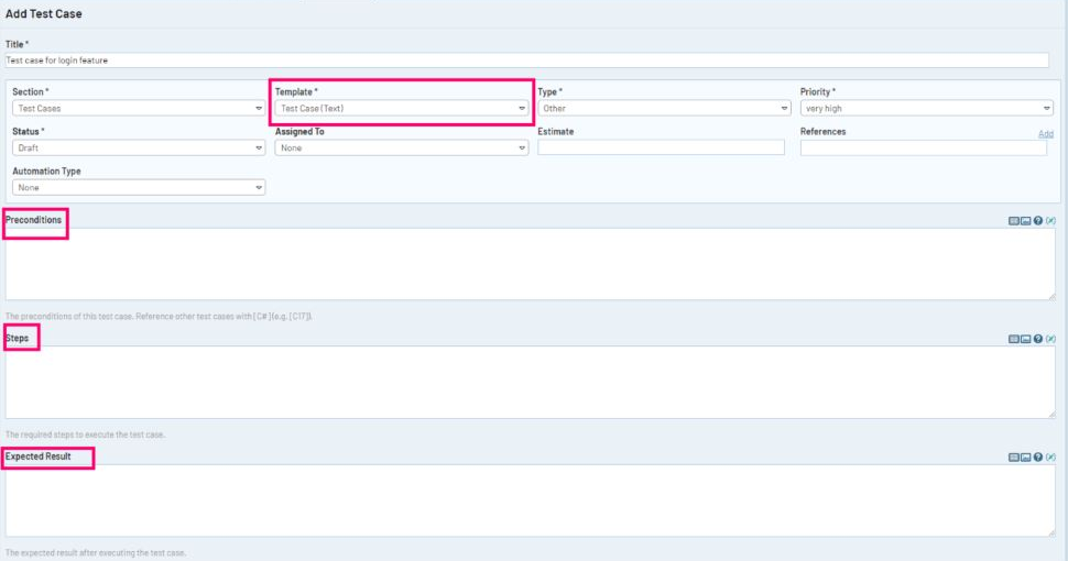 This flexible template allows users to describe the steps testers should take to test a given case more fluidly. 