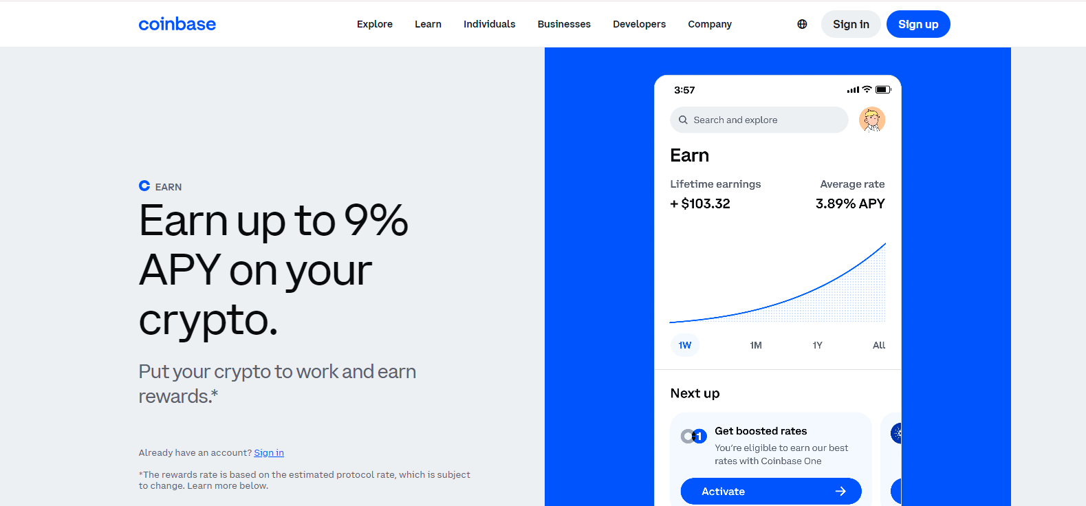 Coinbase staking platform interface showcasing crypto earnings, APY rates, and user-friendly features.