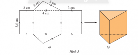 CHƯƠNG 3. HÌNH HỌC TRỰC QUAN CÁC HÌNH KHỐI TRONG THỰC TIỄNBÀI 3: HÌNH LĂNG TRỤ ĐỨNG TAM GIÁC -  HÌNH LĂNG TRỤ ĐỨNG TỨ GIÁC1. HÌNH LĂNG TRỤ ĐỨNG TAM GIÁC, HÌNH LĂNG TRỤ ĐỨNG TỨ GIÁC Bài 1: Hình nào sau đây có:a) các mặt bên là hình chữ nhật và hai đáy là hình tam giác?b) các mặt bên là hình chữ nhật và hai đáy là hình tứ giác? Đáp án chuẩn: a) hình cb) hình a và hình d.Thực hành 1: Quan sát hình lăng trụ đứng tam giác trong Hình 3.a) Hãy chỉ ra các mặt đáy và mặt bên của lăng trụ đứng tứ giác.b) Cạnh bên AE bằng cạnh nào? Đáp án chuẩn: a) Mặt đáy: ABCD, EFGH; Mặt bên: ABFE; ADHE; CDHG; BCGFb) BF; CG; DH.Vận dụng 1: Hộp kẹo socola (Hình 4a) được vẽ lại như hình 4b có dạng hình lăng trụ đứng. Hãy chỉ rõ mặt đáy, mặt bên, cạnh bên của hình lăng trụ đó. Đáp án chuẩn: Mặt đáy: ABC; MNPMặt bên: ABNM; BCPN; ACPM2. TẠO LẬP HÌNH LĂNG TRỤ ĐỨNG TAM GIÁC VÀ HÌNH LĂNG TRỤ ĐỨNG TAM GIÁCThực hành 2: Tạo lập hình lăng trụ đứng tam giác có kích thước ba cạnh đáy là 2 cm, 3 cm, 4 cm và chiều cao 3,5 cm theo hướng dẫn sau:Vẽ ba hình chữ nhật với kích thước như Hình 5a.Gấp các cạnh BN và CP sao cho cạnh AM trùng với A’M’, ta được hình lăng trụ đứng tam giác ABC.MNP (Hình 5b). Đáp án chuẩn: HS tự thực hiện các bước trong sách dưới sự hướng dẫn của GV.Thực hành 3: Tạo lập hình lăng trụ đứng có đáy là hình vuông cạnh 3 cm và chiều cao 5cm. Đáp án chuẩn:Cắt miếng bìa như hình vẽ rồi gấp theo đường nét đứt, ta được hình lăng trụ đứng có đáy là hình vuông.  Vận dụng 2: Tạo lập hình lăng trụ đứng có đáy là tam giác đều cạnh 3 cm và chiều cao 4 cm. Đáp án chuẩn: Bước 1: Vẽ 3 hình chữ nhật với kích thước 4 cm x 3 cmBước 2. Gấp cạnh BN và CP sao cho cạnh AM trùng với cạnh A M', ta được hình lăng trụ đứng tam giác ABC.MNP.BÀI TẬP