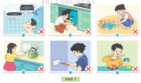 BÀI 6: AN TOÀN VỚI MÔI TRƯỜNG CÔNG NGHỆ TRONG GIA ĐÌNH1. NHẬN BIẾT MỘT SỐ TÌNH HUỐNG KHÔNG AN TOÀNCâu 1: Em hãy quan sát Hình 1 và cho biết các nhân vật trong hình có thể gặp nguy hiểm gì?Giải nhanh:Những nguy hiểm các nhân vật trong hình có thể gặp:Hình a: giật điện , có khả năng bị rò rỉ điện.Hình b: cháy nổ Hình c: đứt tay Hình d: bỏng Hình e: giật điện Hình g: đứt tay Câu 2: Em hãy lựa chọn và sắp xếp các thẻ tình huống có thể gây bỏng, hoặc gây điện giật để hoàn thiện bảng theo mẫu gợi ý dưới đây:Giải nhanh:Tình huống gây bỏngTình huống gây điện giậtĐể lửa gần bình gaChọc đồ vật vào ổ điệnVới tay lấy phích nước nóng để ở trên caoChạm vào dây điện bị hở khi đang có điệnĐể bàn là đang nóng gần người Để tay vào hơi xì trên nắp nồi hầm  2. AN TOÀN KHI SỬ DỤNG MỘT SỐ SẢN PHẨM CÔNG NGHỆCâu 1: Em hãy quan sát Hình 2 và thảo luận về những lưu ý khi sử dụng sản phẩm công nghệ trong gia đình?Giải nhanh: Lưu ý:Không cắm nhiều đồ điện cùng một lúc vào ổ cắm.Không dùng điện thoại di động trong điều kiện thiếu ánh sáng Đóng tủ lạnh ngay sau khi lấy đồ.Nên để điều hoà từ 26 đến 28oC.Không nên ngồi gần và xem ti vi quá lâu.Điều chỉnh âm thanh vừa đủ Câu 2: Em hãy cùng bạn chia sẻ về một số lưu ý khi sử dụng các sản phẩm công nghệ trong gia đìnhGiải nhanh: Một số lưu ý:Không mở đồng loạt các thiết bị điện có công suất lớn.Sắp xếp thực phẩm trong tủ lạnh hợp lý.Không vừa dùng điện thoại vừa cắm sạc Tắt các thiết bị điện khi không sử dụng.Không bật bình nóng lạnh 24/24Khóa van bình ga sau khi đun nấu.Không chọc vào ổ điện.3. XỬ LÍ TÌNH HUỐNG KHI CÓ SỰ CỐ KHÔNG AN TOÀN