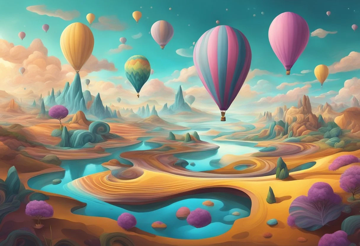 A surreal landscape with floating objects and swirling colors, representing the illusion of Maya and the secrets of the self