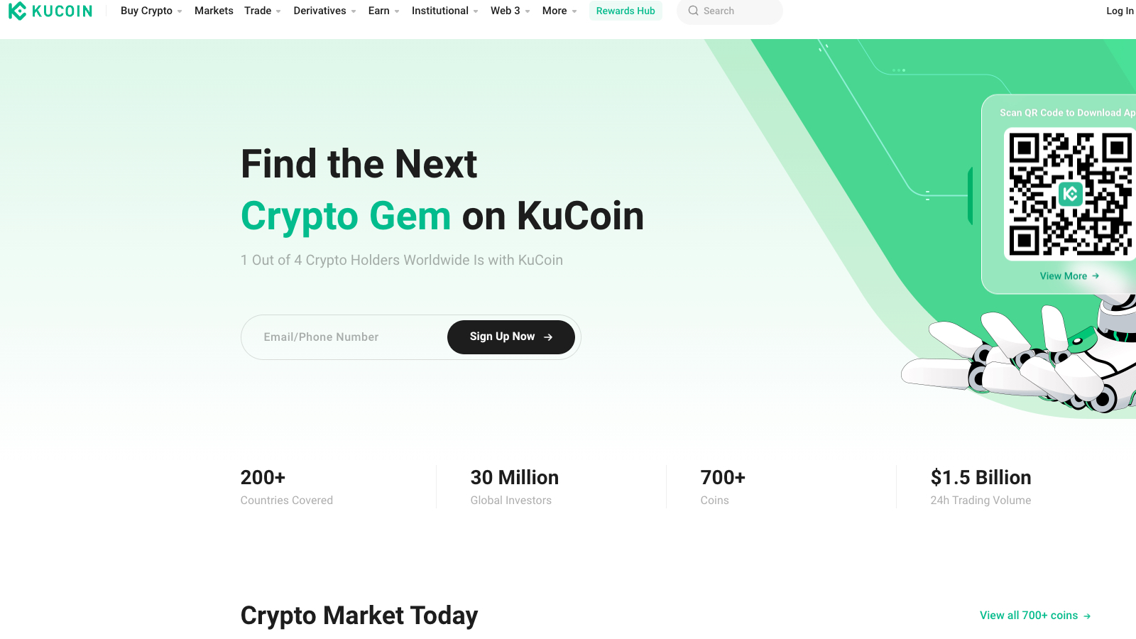 KuCoin crypto exchange homepage featuring their slogan 'Find the Next Crypto Gem on KuCoin' along with details on global reach, supported coins, and trading volume.