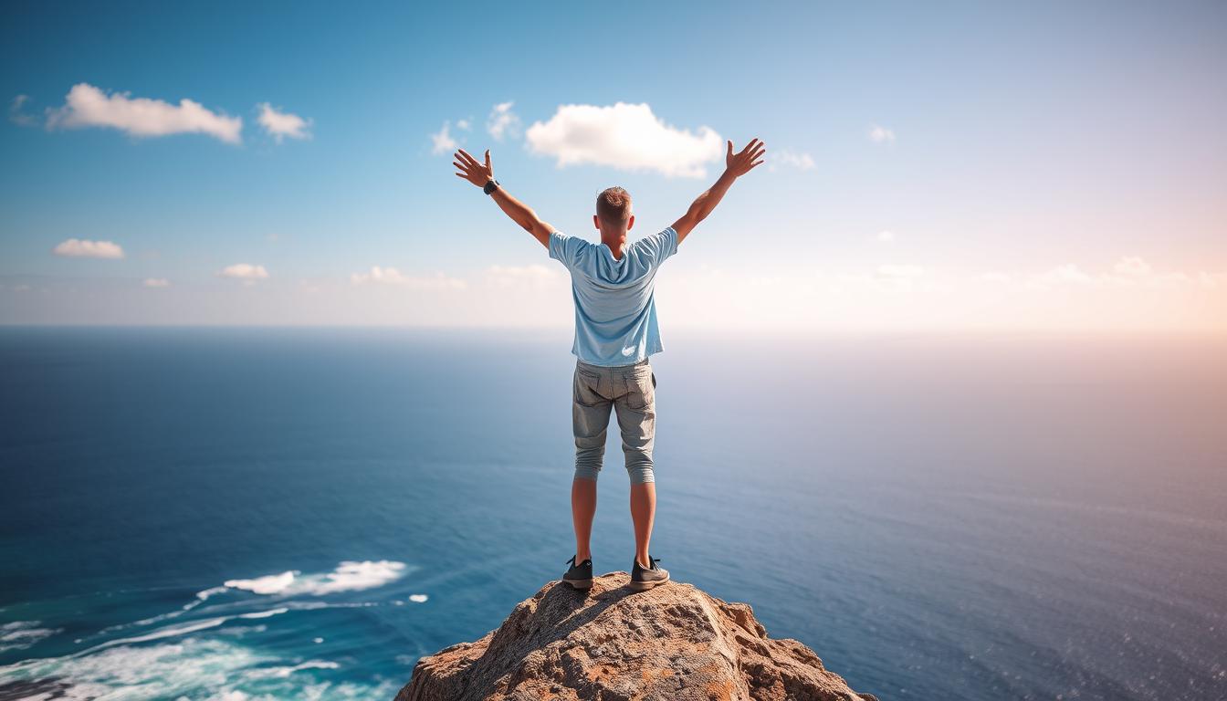 A person standing confidently on a cliff, looking out at a vast ocean with their back to the camera. The sky is clear with a few scattered clouds. The person's body language should convey the feeling of overcoming a fear or obstacle, with their arms outstretched and head held high. Use warm, calming colors to create a peaceful and empowering atmosphere.