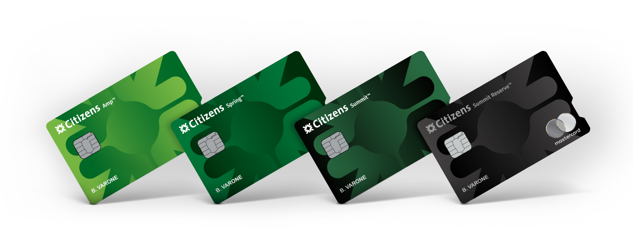 Four Citizens Bank credit cards—Amp, Swing, Summit, and Summit Reserve—displayed in a staggered layout, ranging in color from bright green to dark black, each with a distinct abstract camo pattern and EMV chip.