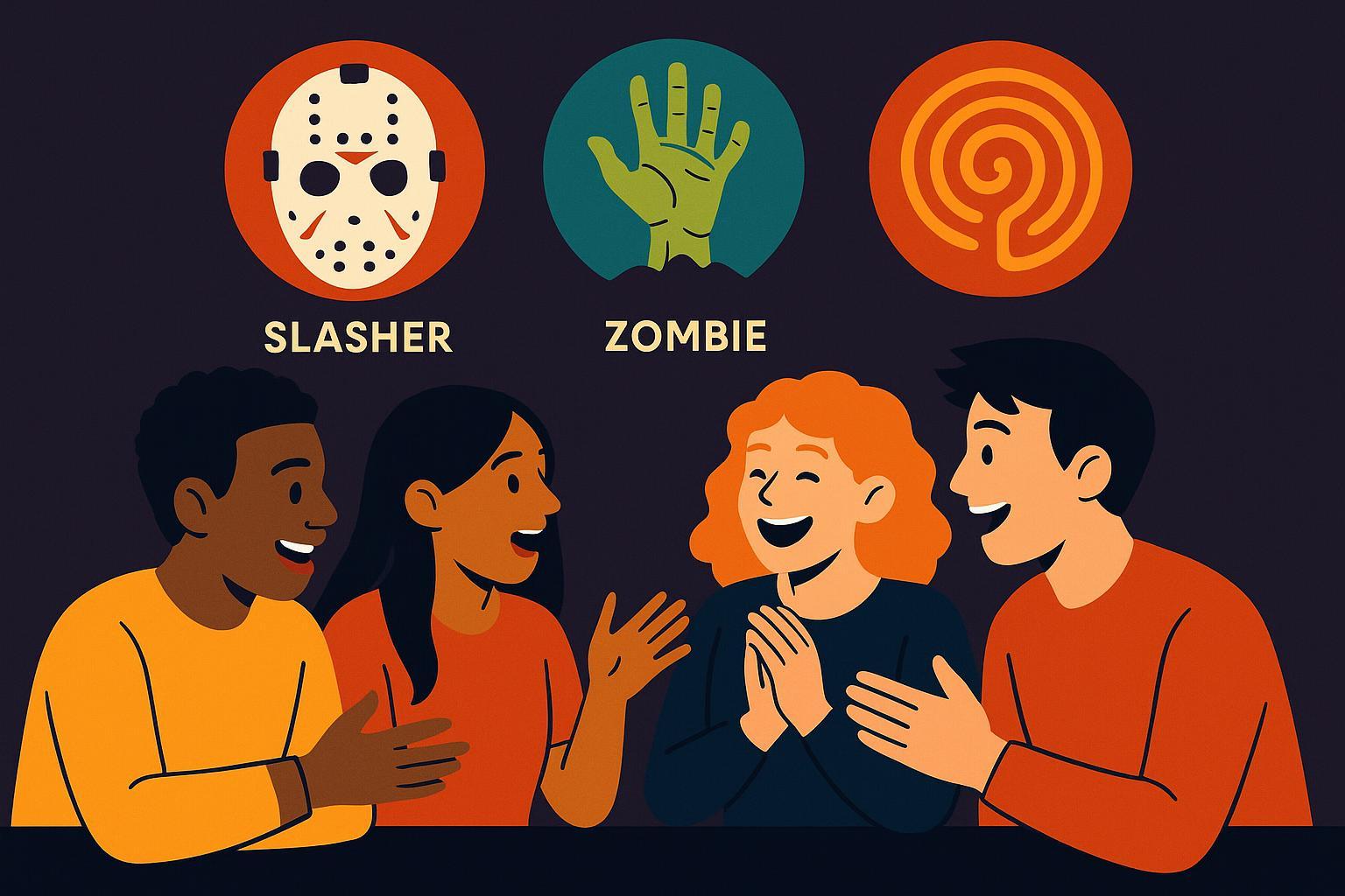 A graphic design illustration showing different horror subgenre icons (e.g., slasher mask, zombie hand, ghost figure, abstract psychological symbol) arranged around a group of diverse friends enthusiastically discussing or reacting to something, suggesting different horror tastes. Style: Graphic design illustration with clear icons and a vibrant, slightly dark color palette.
