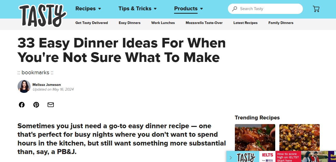 Dinner ideas blog title for headline readers on the Tasty blog