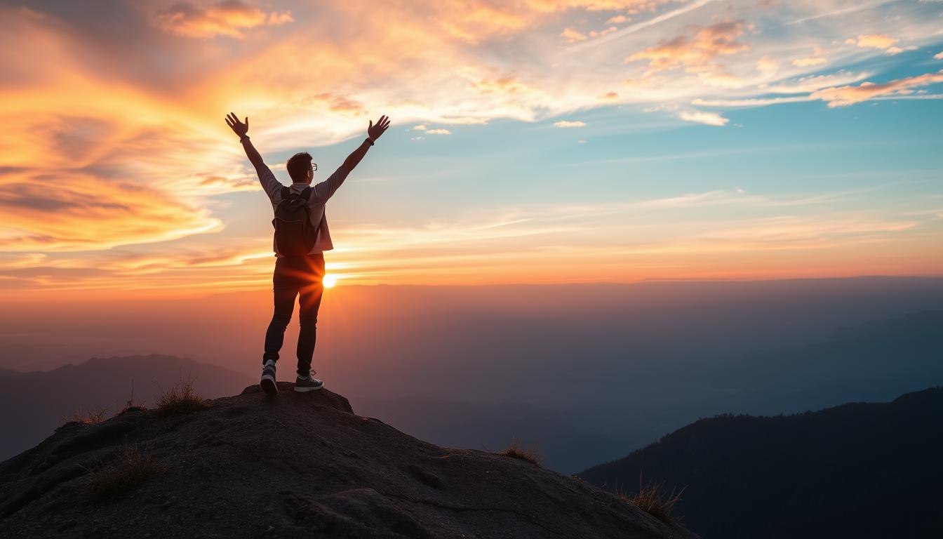 A person standing on top of a mountain, arms raised in triumph as the sun rises behind them. In the foreground, a clear path is visible leading towards the mountain. The person's face is filled with joy and gratitude as they take in the beauty of their surroundings. The sky is filled with vibrant colors, signaling a new beginning and a sense of hope.